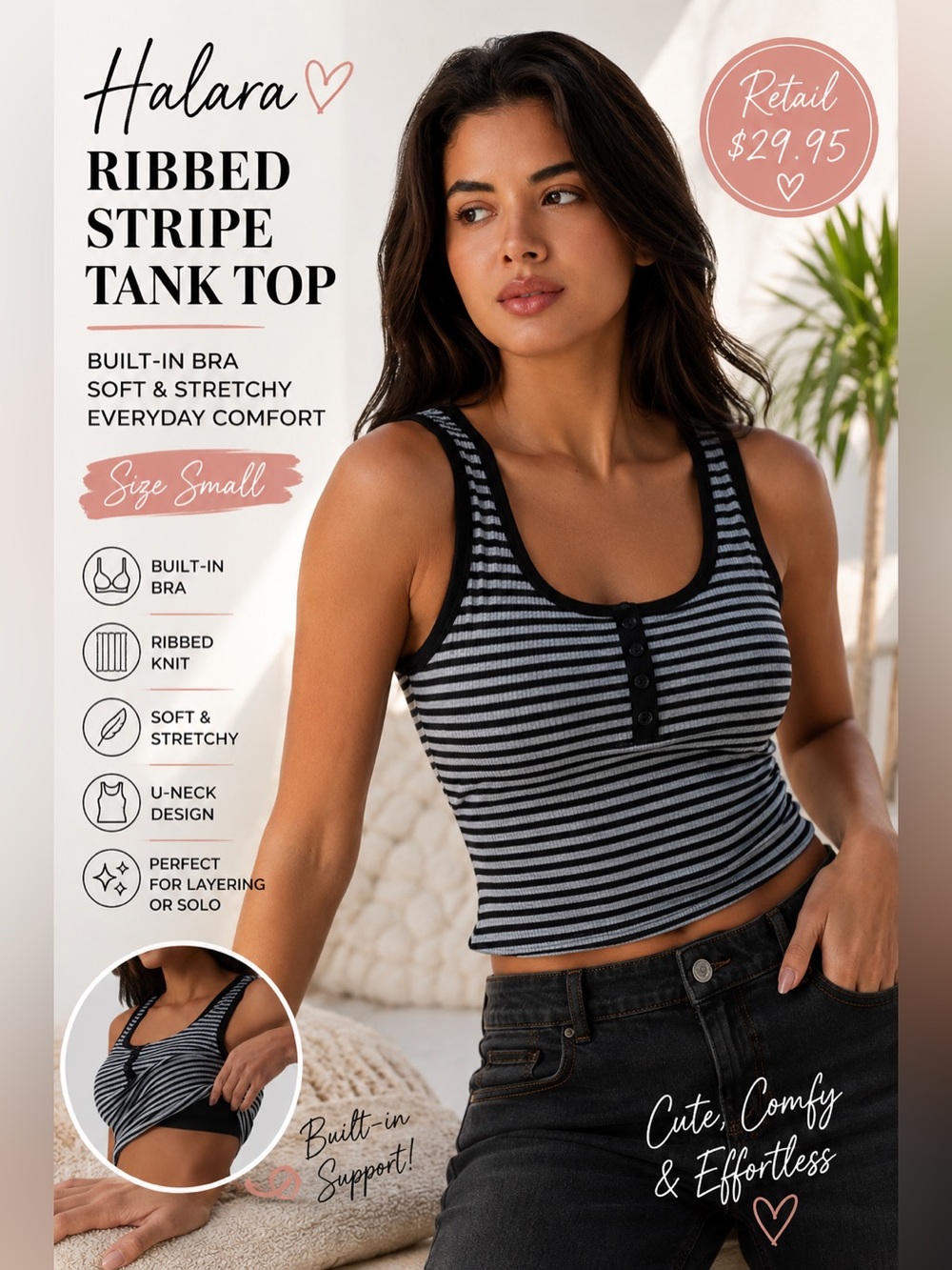 Halara Ribbed Knit U-Neck Striped Built-In Bra Tank Top Small NWOT